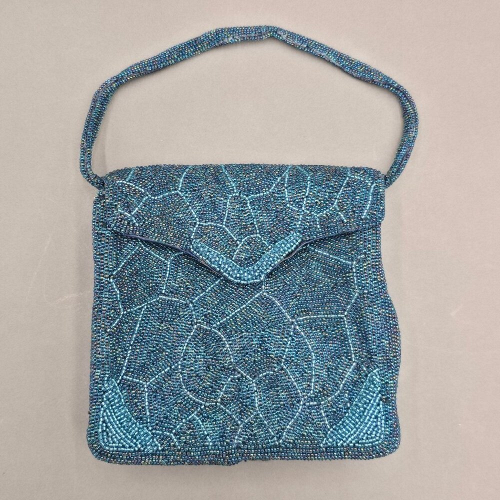 VTG Beaded Purse Made in Japan Blue Mosaic Iridescent Evening Bag Top Handle 60s - Picture 14 of 14